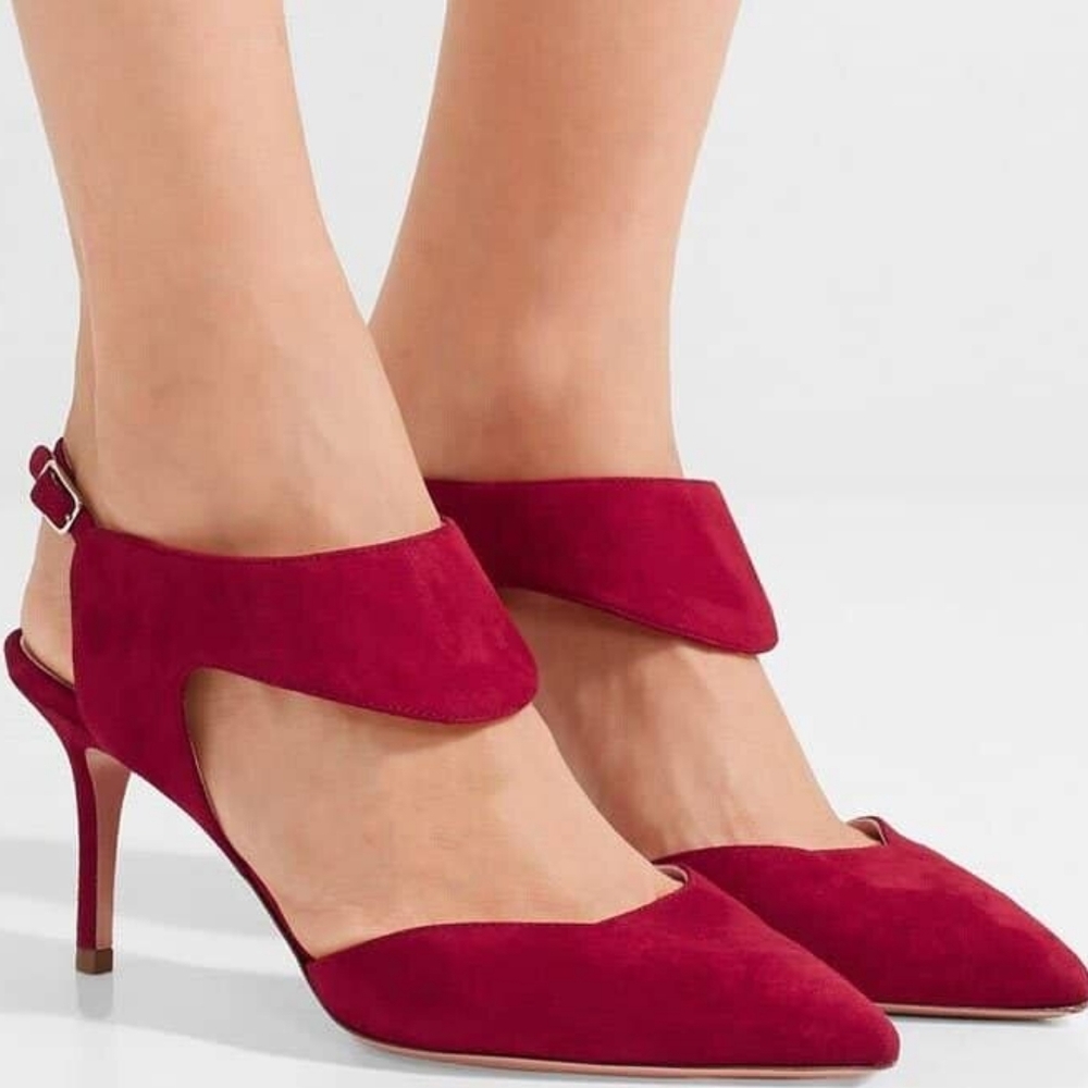 NICHOLAS KIRKWOOD Leda Crimson Red Suede Cut Out Slingback Pumps Heels sz 39.5